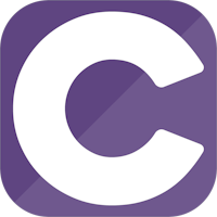 a purple and white icon with the letter c